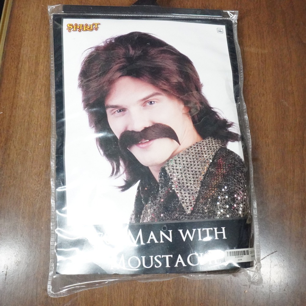 Spirit Halloween 70s Man Wig Moustache Set Mens Brown Retro Disco Costume NEW